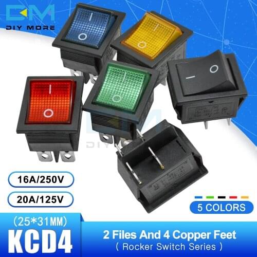 KCD4 Rocker Switch Power Touch On/off Switch 2 Positions 4Pins Feets Ship Type with light Red Blue Green 16A 250V 25*31mm