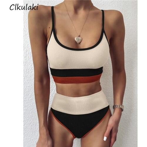 High Waist Bikinis Swimsuits Women 2021 Swimwear Bandeau Splicing Bikini set Sports Ribbed Bathing Suits Beach Biquini Beachwear