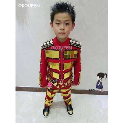 Customized Royal style gold lens jacket costumes Nightclub male singer dancer kids stage show performance costumes