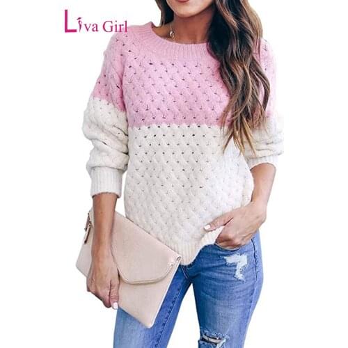 LIVA GIRL Womens Knitwear Jacket Contrast Color Loose Hollow O-neck Pullover Long Sleeve Sweater Autumn Winter Casual Tops S-XL