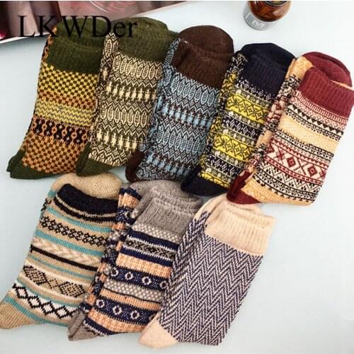 LKWDer 5 Pairs/lot New Witner Men Socks Thick Warm Wool Socks Vintage Christmas Socks Colorful Sock Gift Meias Calcetines Hombre