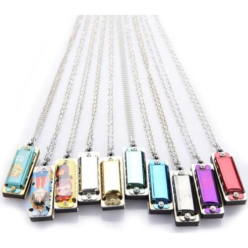 Mini 4 Hole 8 Tone Harmonica Portable instrument Decorative Metal Necklace Design Chain Toy Gift Color Random Simple piano