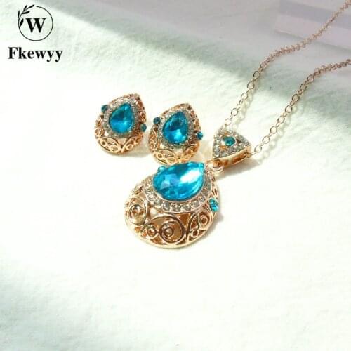 Fkewyy Fashion Necklace Sets For Women Luxury Jewelry Blue Gem Necklace Set Vintage Choker Bridal Jewellery Earrings Wedding