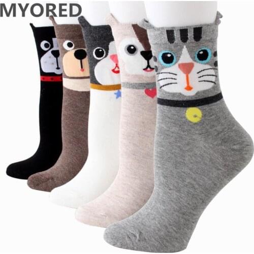 MYORED cartoon animal socks women cotton short tube ankle cat dog cat striped summer sock for girls lady casual dress 5 pair/Lot