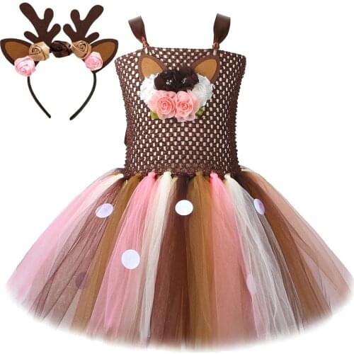 Princess Girl Flower Deer Tutu Dress for Kids Reindeer Halloween Costume Baby Girls Birthday Christmas Dresses with Bow Headband