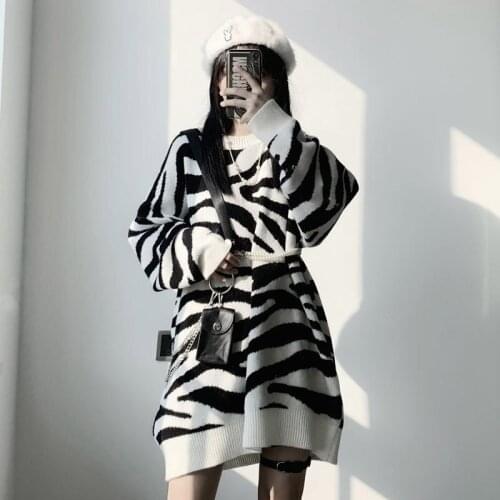 Zebra pattern sweaters round y2k neck pullover lazy knit sweater sweater female student wear coat Casual loose Womens sweater