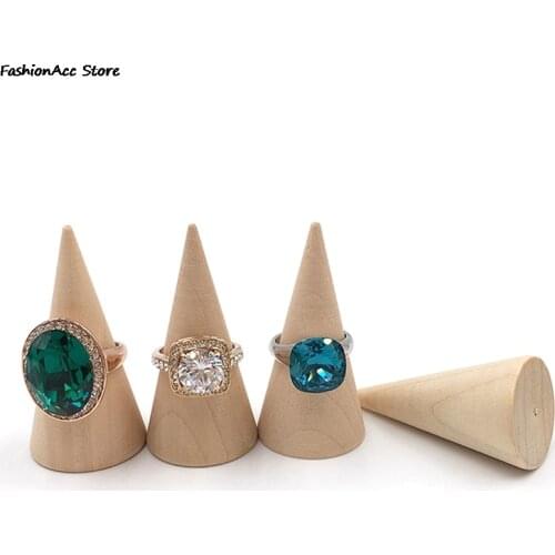 Vintage Natural Unpainted Wood Finger Cone Ring Holder Jewelry Display Stand Organizer Storage Rack Showcase For Exhibit