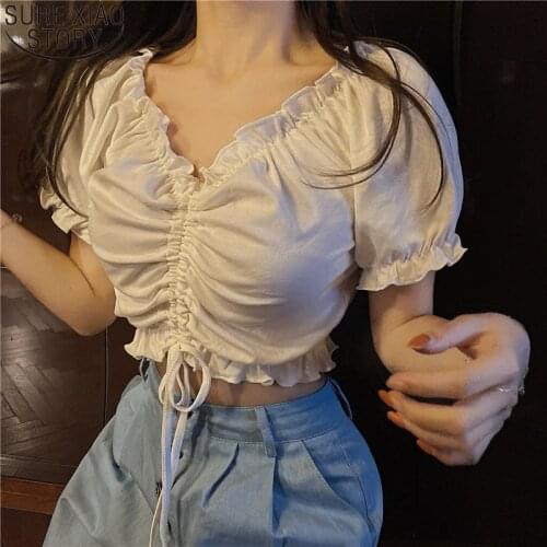 2021 Summer Sexy Off Shoulder Tops Ruffles White Shirts Women Fashion Puff Sleeve Chiffon Blouses Lace-Up Harajuku Shirt 15250