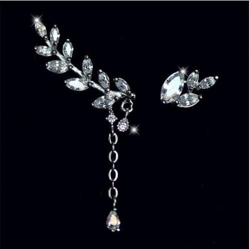 925 Sterling Silver Prevent Allergy Asymmetry Zircon Leaf Stud Earrings for Women Wedding Party Femme Jewelry pendientes eh207
