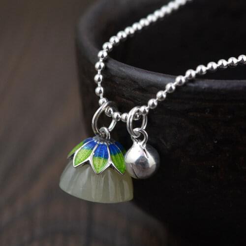 FNJ 925 Silver enameling Lotus Jade Pendant For Jewelry Making Vintage 40cm 100% Pure Sterling Silver Necklace Women
