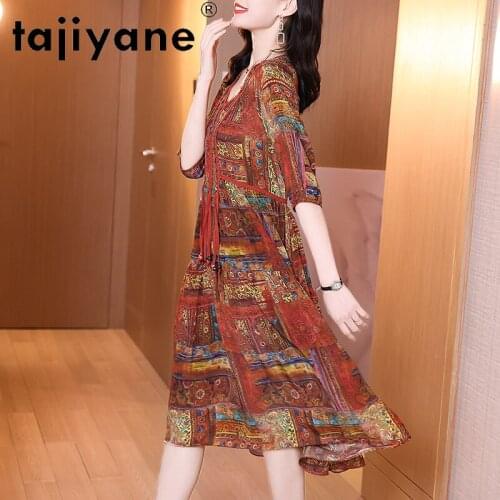 Tajiyane 100% Real Silk Dress for Women Summer Dresses Womens Clothing Floral Genuine Silk Woman Dresses Robe Femme TN2547