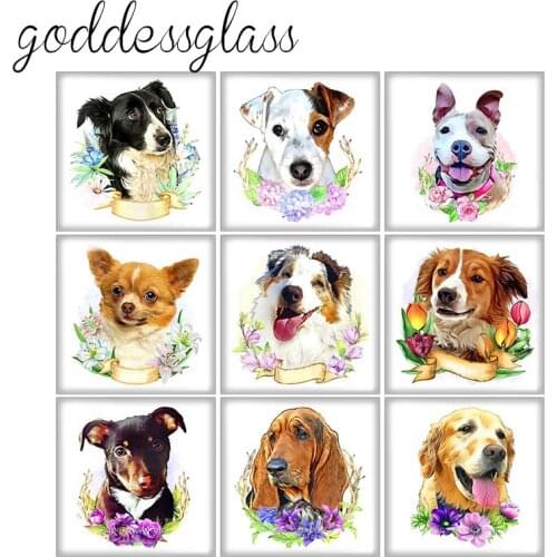 New Flowers Dog Love Pet Family Square 10pcs mixed 12mm/20mm/25mm/30mm photo glass cabochon demo flat back Making findings