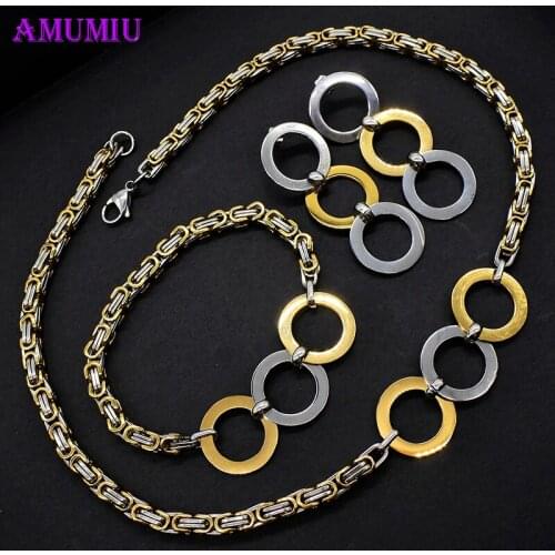 AMUMIU Gold-Silver Color Stainless Steel Necklace Bracelet Earrings Jewellery Set Women Men Round Byzaintine Chain Link HZJS179