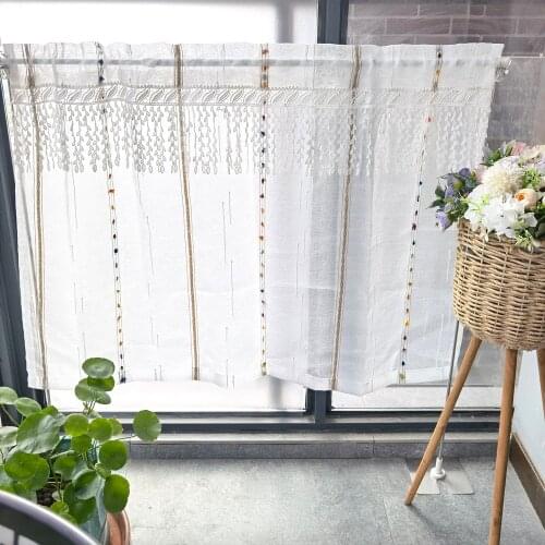 Colorful Striped Short Curtains For Living Room Kitchen Voile Sheer Fabric Tassel Cafe Cabinet Bay Window Blinds Drapes