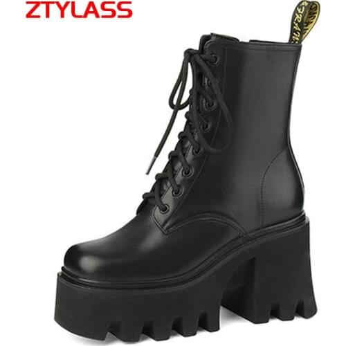 Spring Autumn Platform Leather Women Boots Fashion Platform Thick High Heel Ankle Boots Square Toe Lacing Zipper Martin Boots