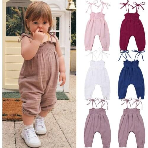 0-24M Summer Cute Toddler Baby Girls Romper Clothes Sleeveless Strap Pants Solid Romper Overalls Cotton Outfits
