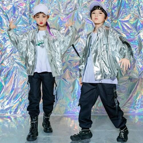 Kids Hip Hop Dance Costume Silver Jacket Long Sleeves Cargo Pants Girls Street Dance Festival Stage Performance Clothing BL6856