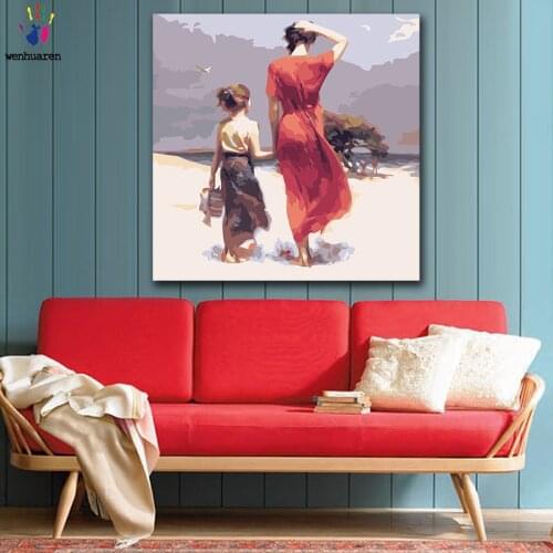 DIY colorings pictures by numbers with colors Mother and daughter on the beach picture drawing painting by numbers framed Home