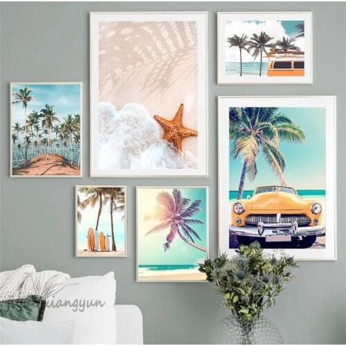 Home Decor Beach Coconut Tree Surfboard Poster Scenery Wall Art Canvas Painting Pictures for Living Room Cuadros Decoration