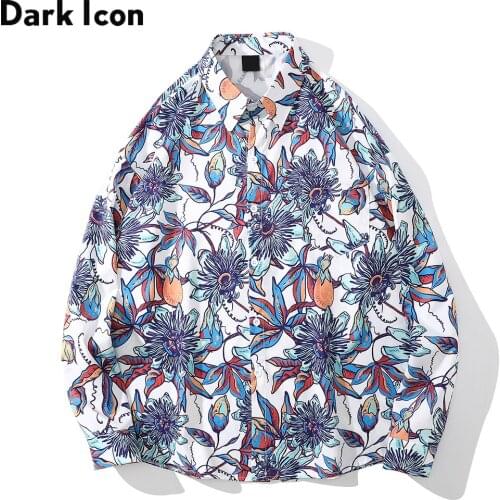 Dark Icon Floral Printed Hawaiian Shirt Men Turn-down Collar Mens Shirts Long Sleeve Man Clothing