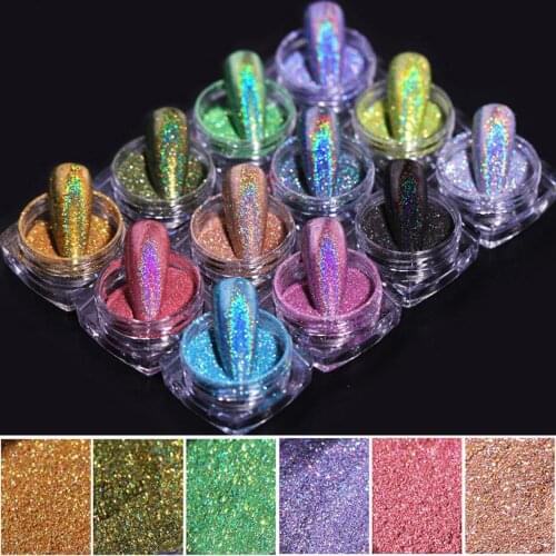 Holographic Nail Powder Laser Glitter Pigments Sparkly Nail Art Flakes Decoration DIY Polish Tools 12 Colors 0.5g/Box