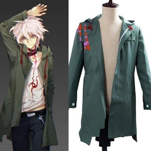 Anime Nagito Komaeda Cosplay Costume Danganronpa 2 Hoodies Tops Windbreaker Mid-Length Coat Army Green Men Women Jacket Clothes