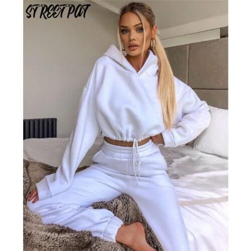 Solid Hoodies 2 Two Piece Set Women Tracksuit Bandage Crop Top+Sweatpants Pants Sets Casual Joggers Sport Outfits Sweatsuit