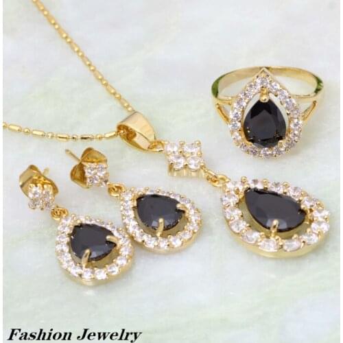 Yellow Gold Black Cubic Zirconia Pendant/Ring/Earrings fashion Jewelry Set size 6.5 7.5 8.5 S091