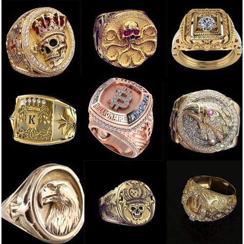 Hot Sale Punk Style Fashion Handcraft Carved Gold Skull Sea Monster Male Ring for Men Party Jewelry Accessories Size 7-14