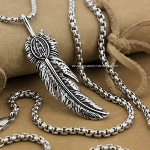 316L Stainless Steel Huge Feather Pendant Mens Biker Rock Punk Style AJ018 Steel Necklace 24 inches