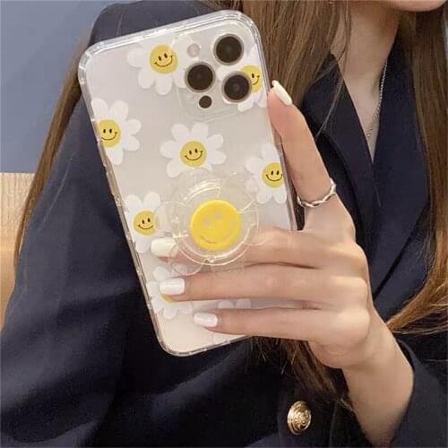 Korean Cute 3D Sun flower Bracket Phone Case For iPhone 11 12 Pro XS Max X XR SE 7 8 Plus Funny Daisy Soft Shockproof Back Cover