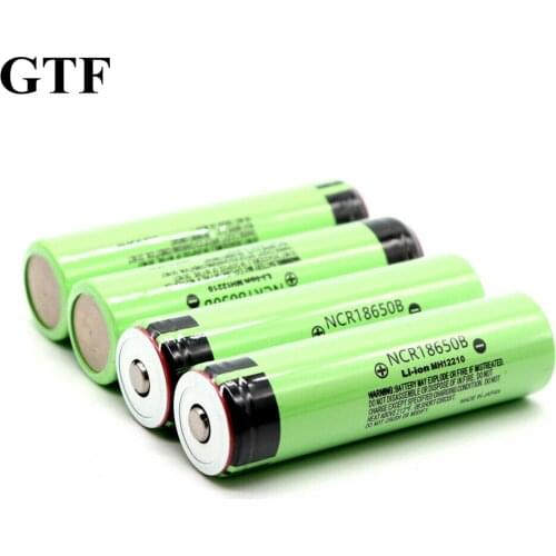 New rechargeable lithium battery gtf ncr18650b, 18650, 3.7v, 3400mah, flashlight-tipped