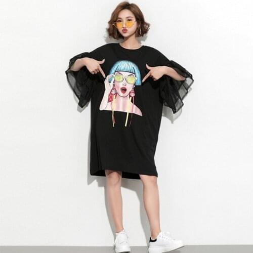 New Summer Short Flare Sleeve Shirt Dress Oversize Women Midi Dresses Ladies Vestido Female Casual Loose Mesh Clothes Streetwear