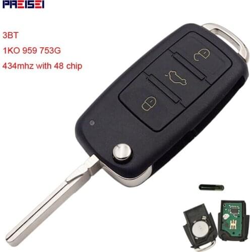 PREISEI 3 Button Flip Car Remote key For VW Caddy Eos Golf Jetta Sirocco Tiguan Touran 2004-2011 433Mhz ID48 Chip 1KO 959 753G