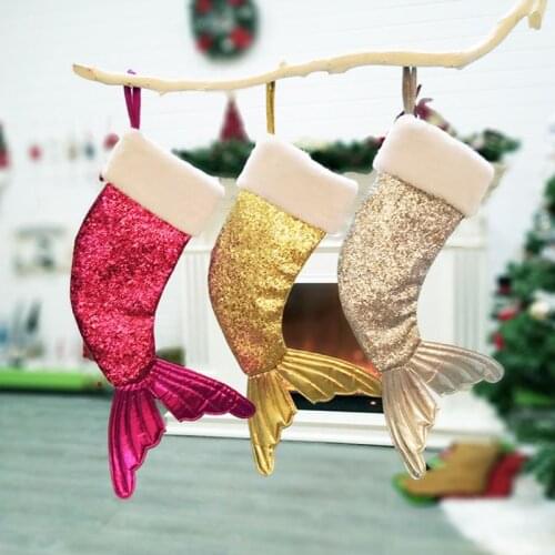 Christmas Sequins Fishtail Stockings Sock Decoration Fireplace Xmas Tree Hanging Pendant Ornament Candy Gift Bag