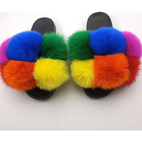 New fur ball fluffy slippers women furry fur slippers fashion fox fur slides ladies sandals plush sliders hair ball flip flops