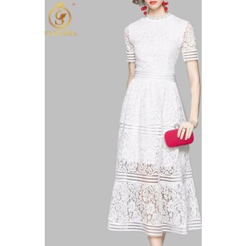 SMTHMA 2021 New Fashion New Fashion Summer Dress Womens Short Sleeve Elegant Slim Mid-Length White Long Dresses Vestidos