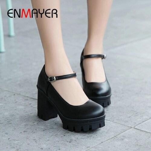 ENMAYER Basic PU Round Toe 2020 Buckle Strap Luxury Shoes Women Casual Square Heel Spring/Autumn Retro Women Platform Shoes