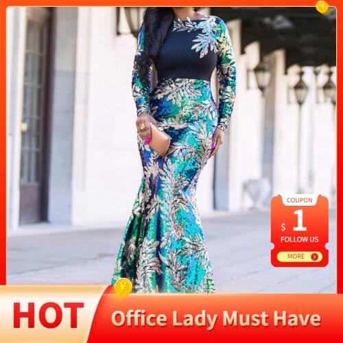 Vintage Green Long Sleeve Mermaid Sequin Dress 2021 Bodycon Sparkly Elegant Shiny Party Evening African Long Dresses for Women