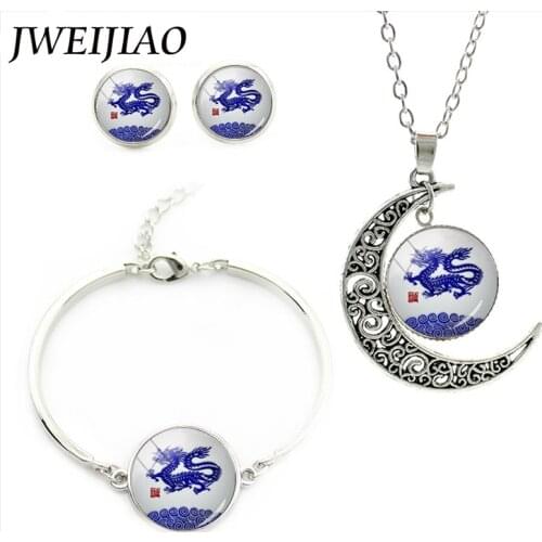 JWEIJIAO Chinese Dragon//Rose Flower Jewelry Sets Glass Dome Stud Earrings Bracelet Moon Pendant Necklace Jewelry Kc569