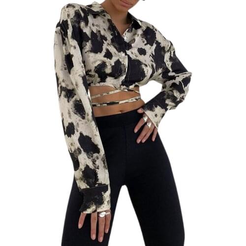 High Street Tie dye Print Bandage Shirt 2021 Fashion Women Long Sleeve Backless Tie Up Blouse Holiday Causal Sexy Crop Top