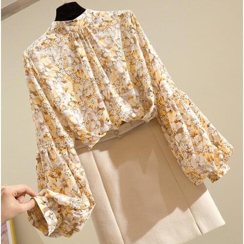 Floral Chiffon Women Blouse Summer New 2021 O-Neck Lantern Sleeved Loose Office Lady Elegant Pulls Outwear Tops