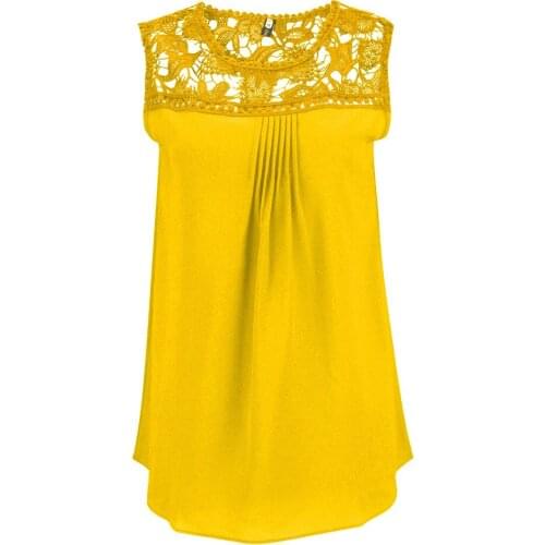 2020 Summer New Fashion Casual Loose Large Size Pure Color Lace Stitching Round Neck Sleeveless Sexy Hollow Out Chiffon Shirt