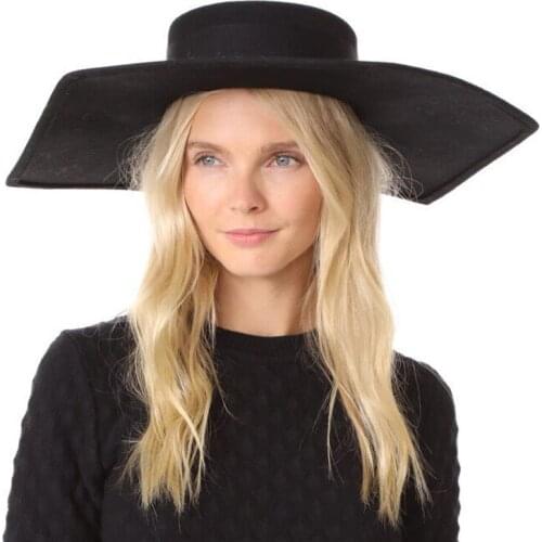 Lady Hexagon Brim Fedora Hat,Black Color Women like Party Flat Jazz Hat,Australian Wool Winter Show Holiday Cap With Ribbon Ties