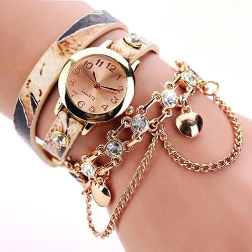 Women Leopard Luxury Band Bracelet Quartz Braided Winding Wrap Beige Long Chain Female WristWatch Brand Watch