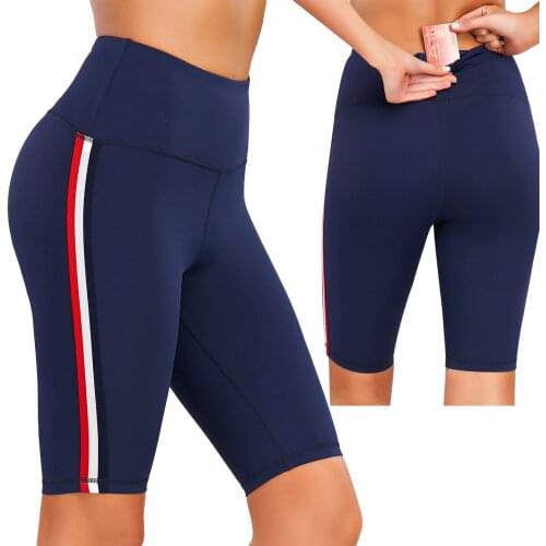 Womens Sport Shorts Color Blocking Waist Bag 4 Way Stretchy High Waist Tummy Control Athletic Short Pants