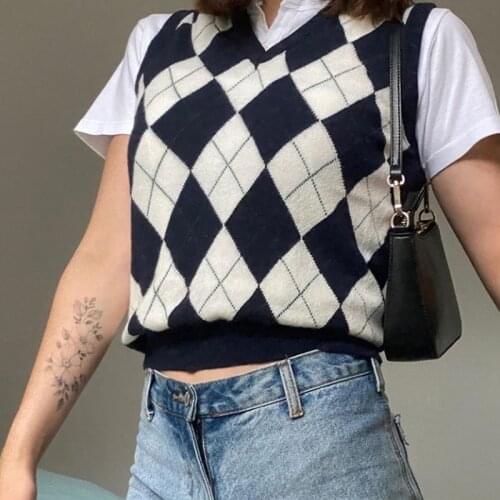 Woman sweaters korean style Autumn tank top women v neck knit vest top sleeveless knitted vest cropped argyle sweater vest women