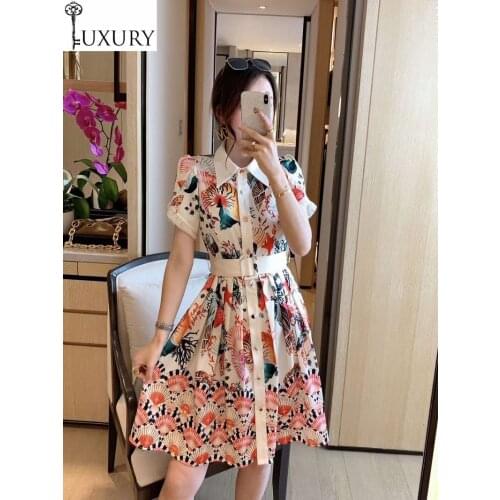 Fashion Summer Beautiful 2020 Ladies Turn-down Collar Exquisite Floral Print Tunic Buttons Short Sleeve Long Shirt Dress