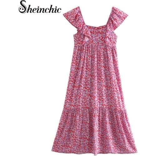 Elegant Pink Floral Printed Pleated Maxi Dresses for Women Summer 2021 Vintage Ruffles Bohemian Beach Dress