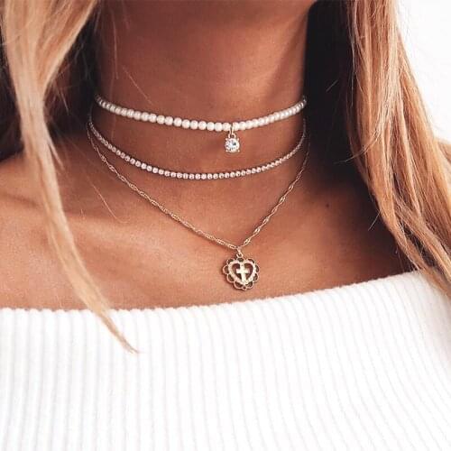 3 Pcs/Set Exquisite Women Necklace Hollow Heart Shape Cross Crystal Pendant Pearl Chain Gold Necklace Women Fashion Jewelry